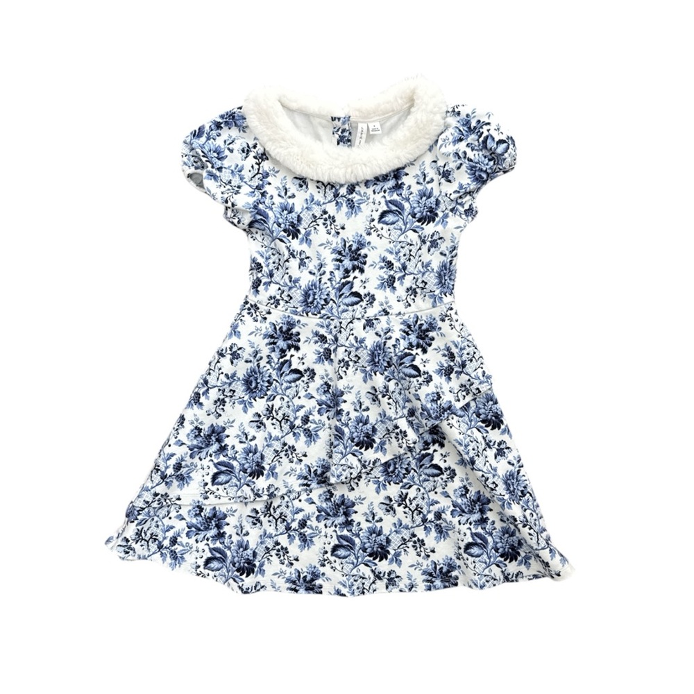 Janie and Jack Girls Blue Floral Dress Ruffle Skirt Faux Fur Collar Size 8